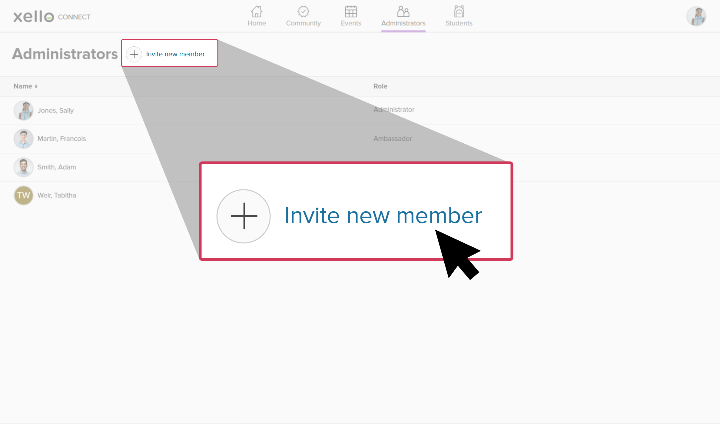 The Administrator page. The cursor is clicking Invite new member.